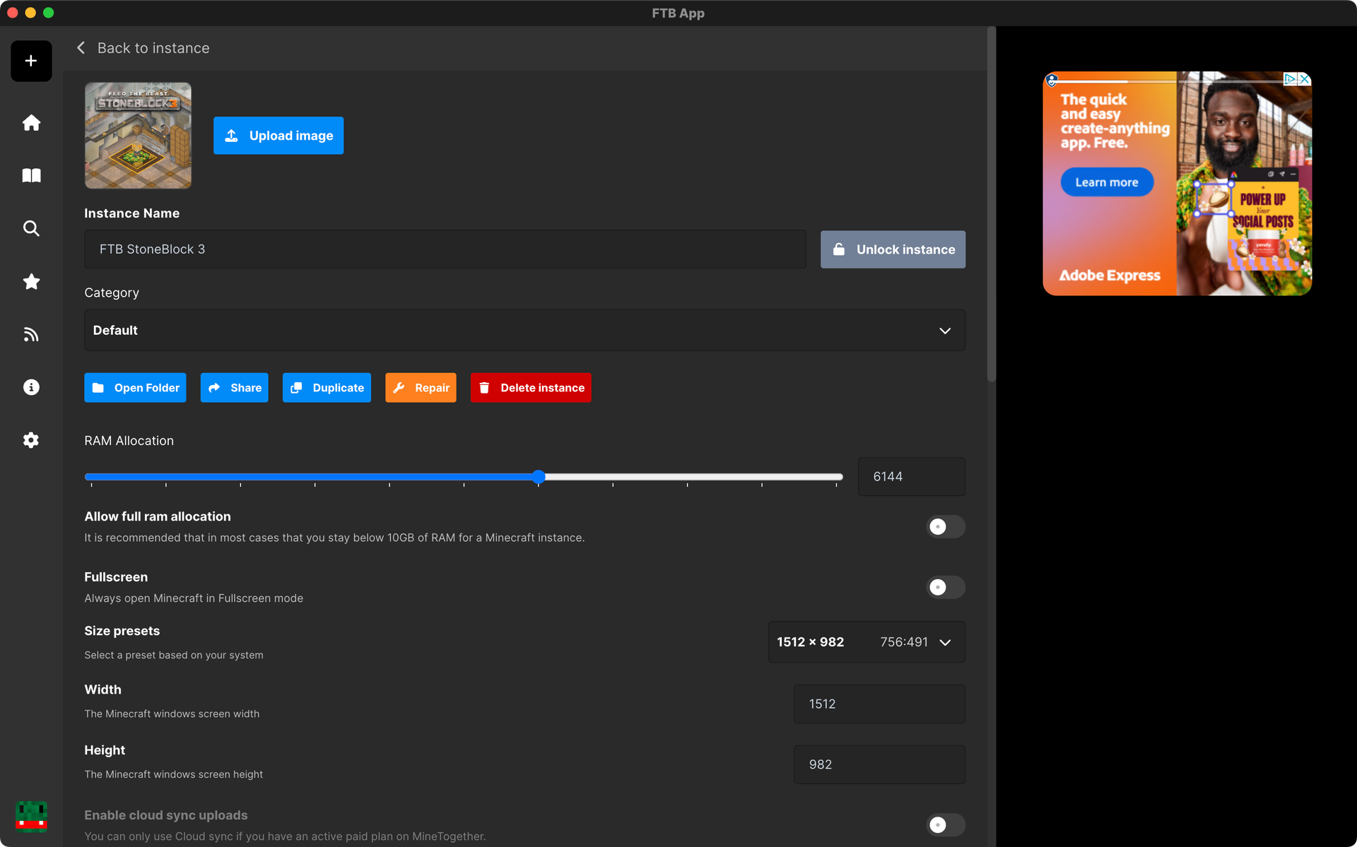 The FTB App's Instance settings page