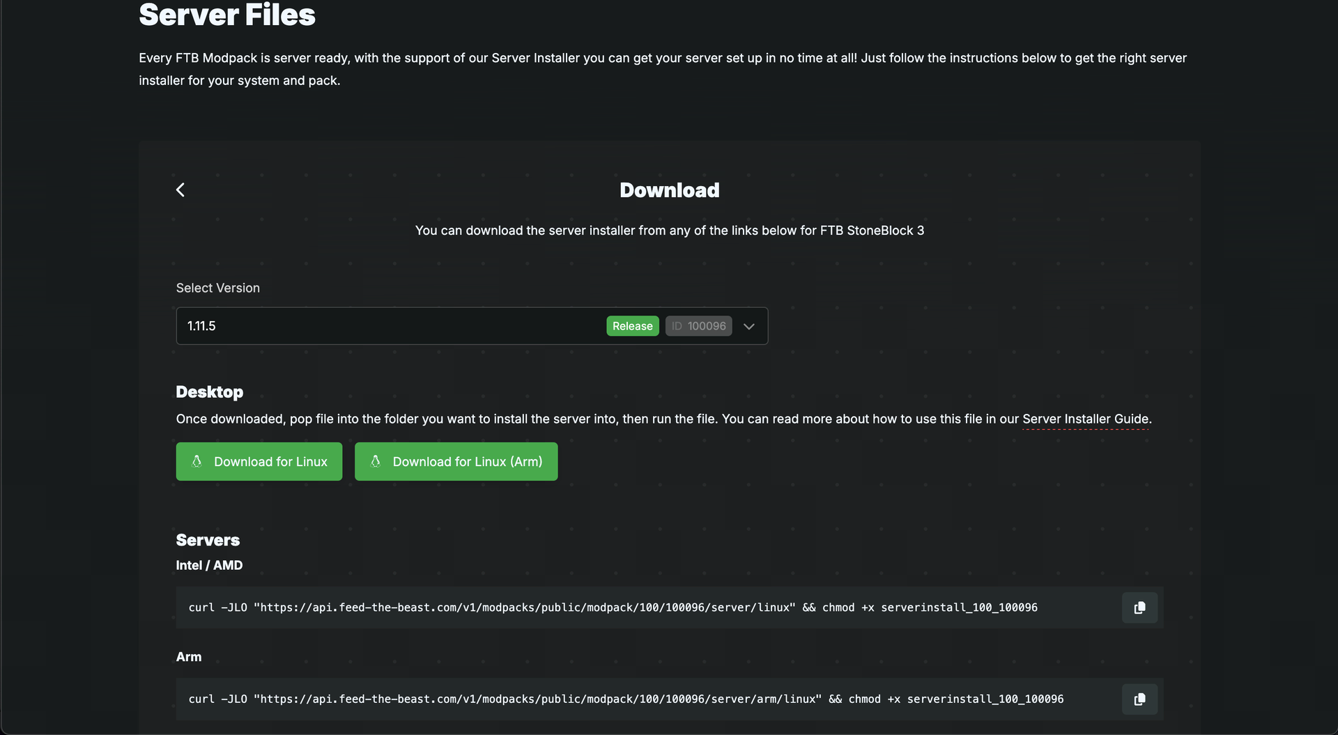 The FTB Website on the StoneBlock 3 server files page